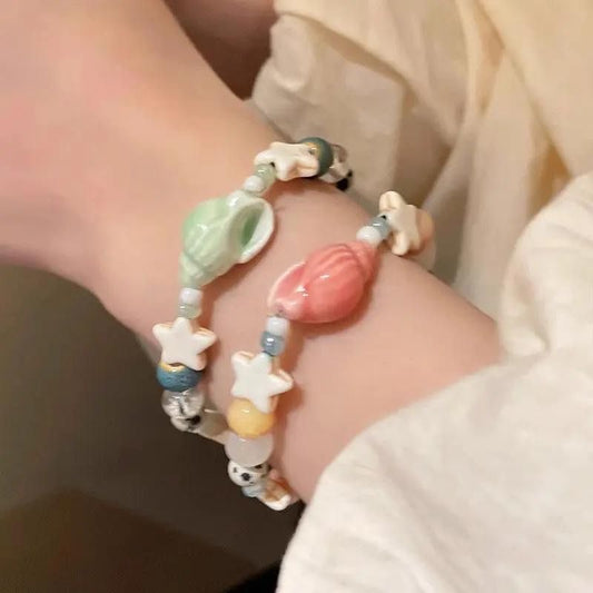 Sea Shell & Starstack Pastel Beaded Bracelet Set — Stackable Beach Charm Bracelets