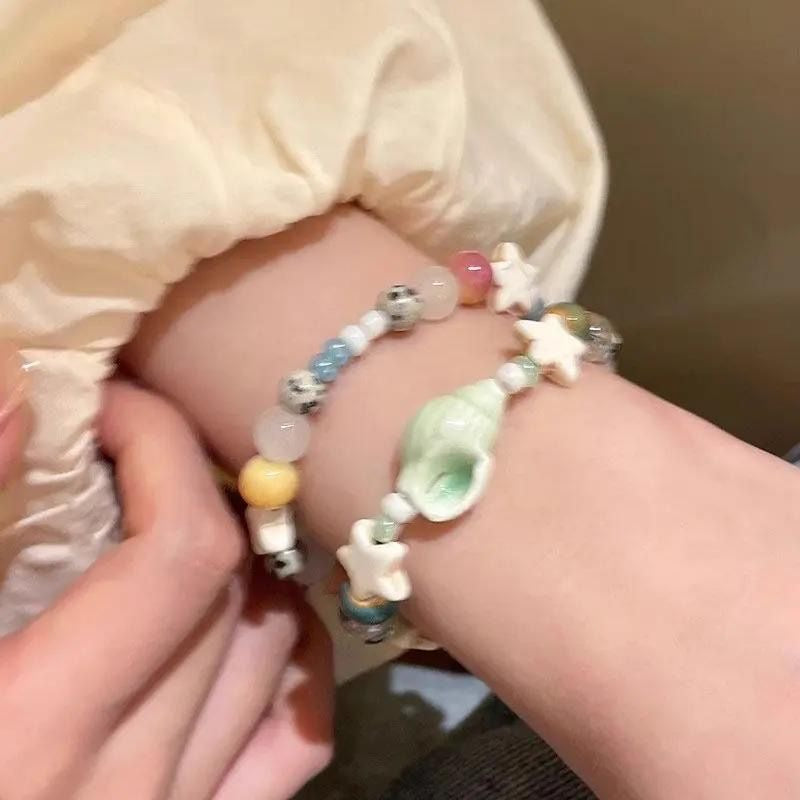 Sea Shell & Starstack Pastel Beaded Bracelet Set — Stackable Beach Charm Bracelets
