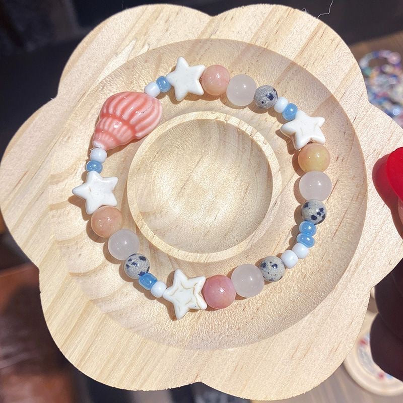 Sea Shell & Starstack Pastel Beaded Bracelet Set — Stackable Beach Charm Bracelets