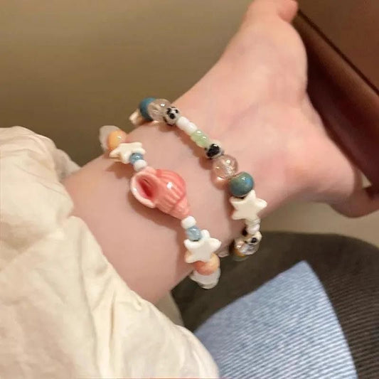 Sea Shell & Starstack Pastel Beaded Bracelet Set — Stackable Beach Charm Bracelets