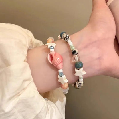 Sea Shell & Starstack Pastel Beaded Bracelet Set — Stackable Beach Charm Bracelets