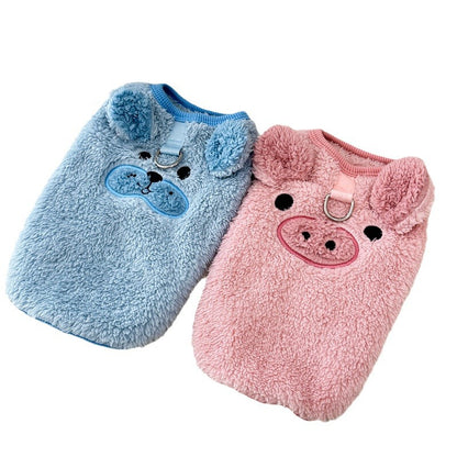 Arctic Plush Winter Vest for Small Dogs Under 20 lbs - Cozy Fleece Thermal Jacket with Fun Animal Designs (Pink Pig & Blue Dog)